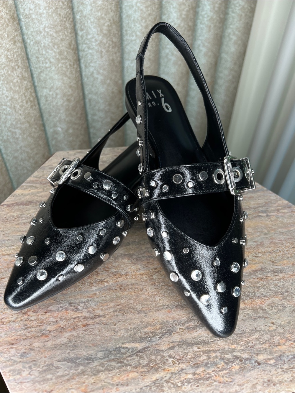Black Studded Slingback Pointed Flats S-7.5